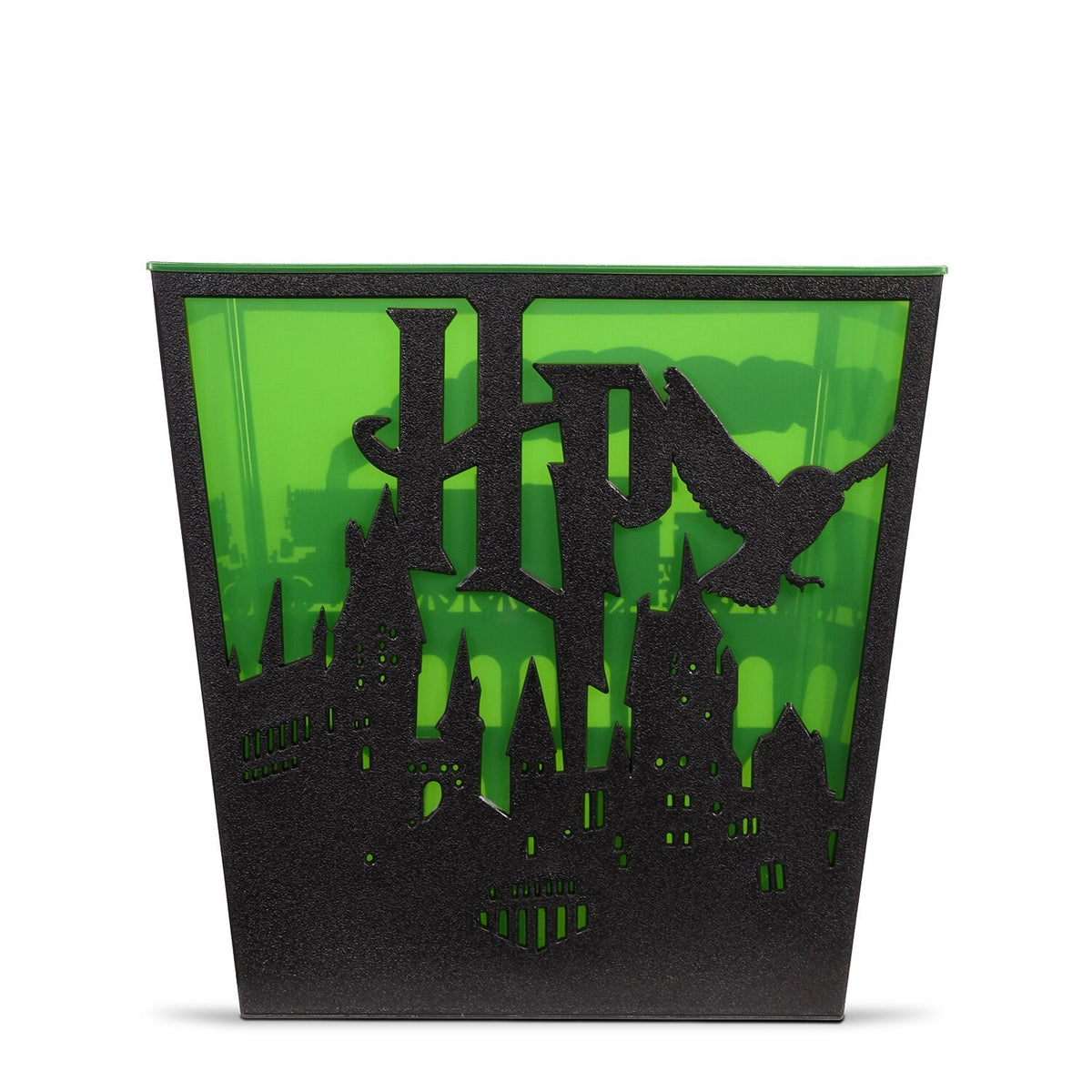 Front view of the Slytherin 25th Anniversary popcorn bucket from Harry Potter