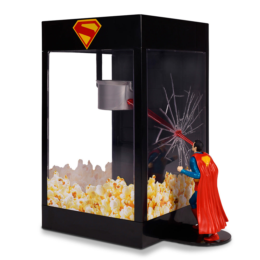 Detail view of the Superman thematic design on the collectible popcorn bucket