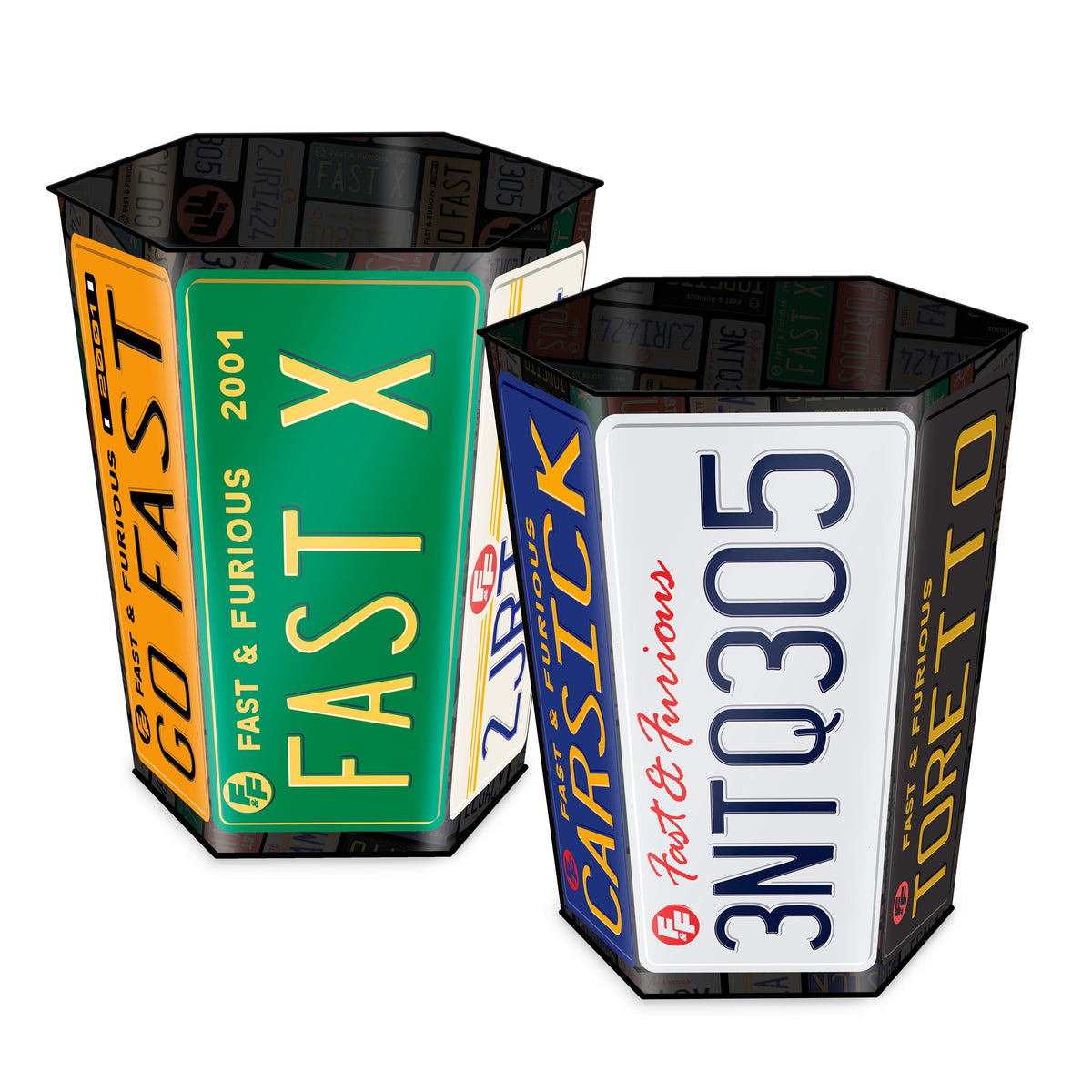 Fast & Furious license plate popcorn bucket displayed for collectors